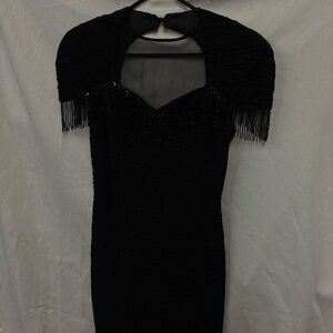 Betsy & Adam Black Cap Sleeve Fringe Dress
